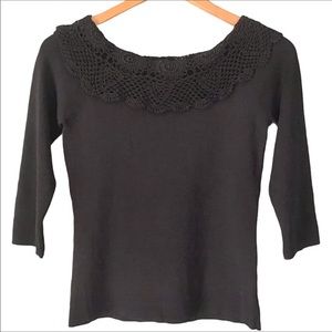 Joseph Allen NWT Black Knit Top Size M Crochet Scalloped Collar Dressy